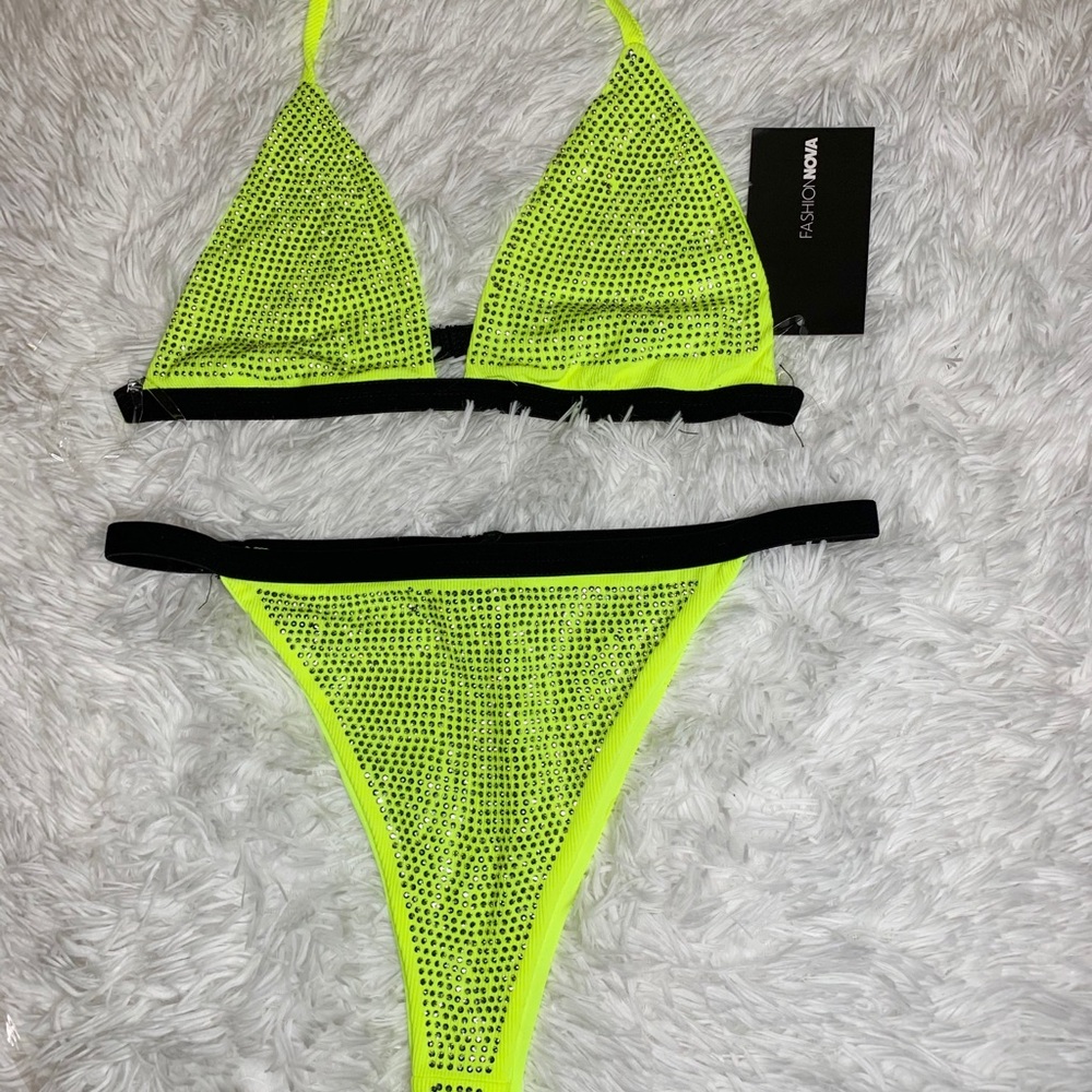 Fashion nova neon green rhinestone swimsuit